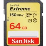 Sandisk 64 GB, 150 MB/S, SD XC.